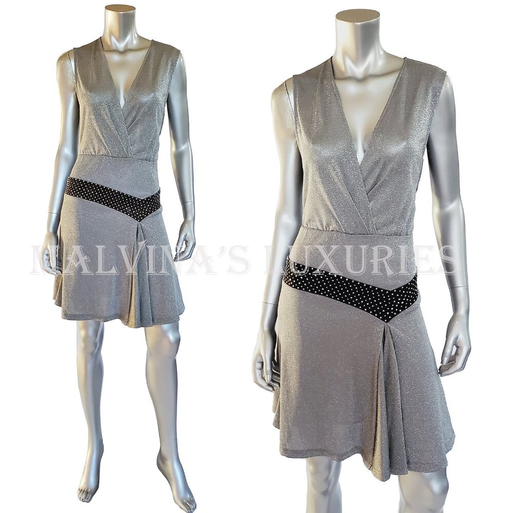 JUST CAVALLI BY ROBERTO CAVALLI DRESS METALLIC SILVER V-NECK sz 40 4